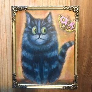 ORIGINAL ART - Curious Gray Cat 8x10 Acrylic on Canvas Board with Vintage Frame